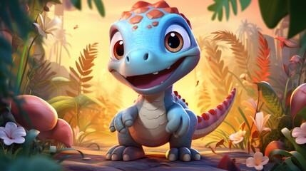 Obraz premium a cartoon character of a baby dinosaur with a playful expression. AI Generative