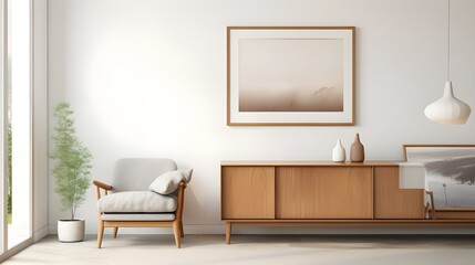 an art print of a small abstract painting on a wooden sideboard, in the style of large-scale minimalist, light orange and beige