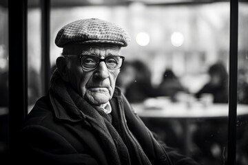 Portrait of an old man in the city. Black and white.