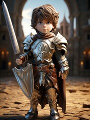 A cartoon character design of a little brave knight with a shiny silver armor, a sword, and a shield. AI Generative - obrazy, fototapety, plakaty