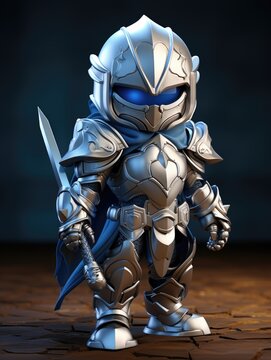 A cartoon character design of a little brave knight with a shiny silver armor, a sword, and a shield. AI Generative