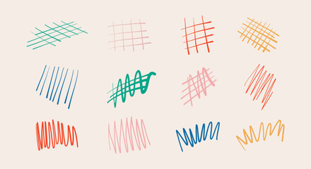 hatching and crosshatch lines doodle hand draw set. vertical, diagonal or parallel strokes. strikethrough doodles. Vector stock illustration isolated