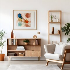 modern living room with a wooden chair, wooden bookcase and world map, in the style of light gray and light brown