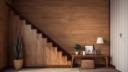 Obraz na płótnie Canvas three dimensional wooden hallway floor, stairs and table 3d, in the style of realistic rendering, cabincore, traditional composition, subtle surface decoration