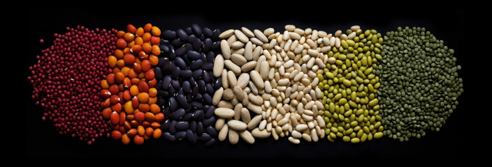 various legumes on a dark background.