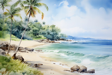 watercolour painting of the tropical beach landscape, a picturesque natural environment - obrazy, fototapety, plakaty