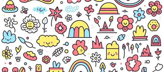 Cute doodle outlined design elements set.Funny creative