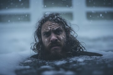 Man with beard immersing in icy water on winter day. Frigid aqua hole male. Generate Ai