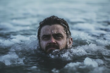 Man immersing in icy extreme water on winter day. Spirit white body extreme. Generate Ai
