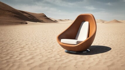 a chair sitting in the middle of a desert with sand dunes in the background