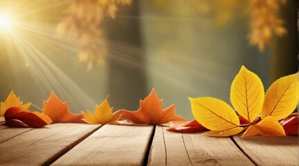 Naklejka na ściany i meble Sunbeams background fresh autumn leaves frame, background image, AI generated
