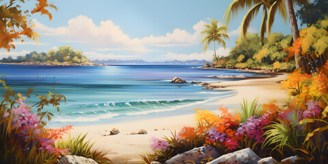 colourful painting of the tropical beach landscape in a cute and simple cartoon style