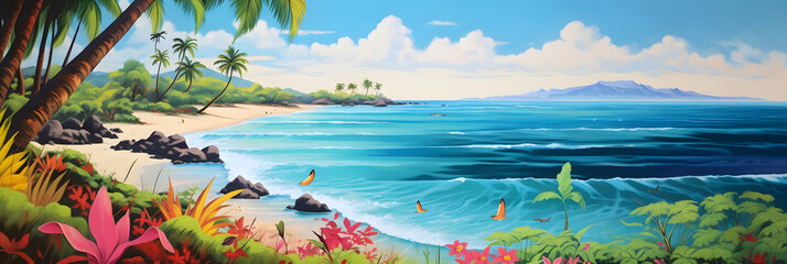 Fototapeta na wymiar colourful painting of the tropical beach landscape in a cute and simple cartoon style