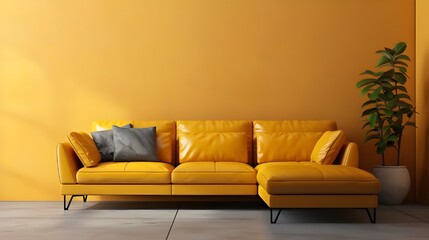 living room set with light yellow walls and a sofa, in the style of textured backgrounds, industrial design, dark orange and light gold, minimalist backgrounds, dark purple and yellow, leather/hide