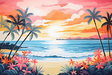 Fototapeta na wymiar colourful painting of the tropical beach landscape in a cute and simple cartoon style