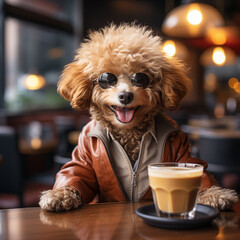 portrait of a cool dog with sunglasses and a cup of coffee