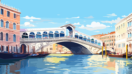 Flat 2D illustration, copy space, flat 2D vector illustration, view of the world famous Rialto bridge in Venice, Italy. Famous touristic spot. Must-see spot. Beautiful architecture.