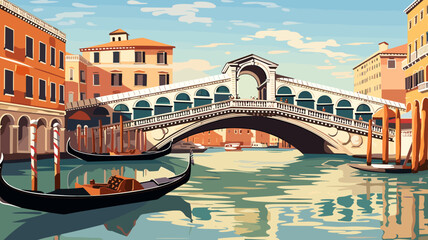 Flat 2D illustration, copy space, flat 2D vector illustration, view of the world famous Rialto bridge in Venice, Italy. Famous touristic spot. Must-see spot. Beautiful architecture.