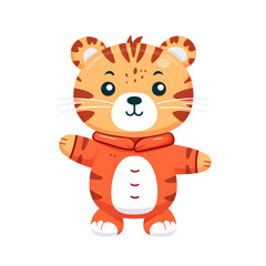 Obraz na płótnie Canvas simple block colour illustration of cute tiger with outstretched arms isolated on white background