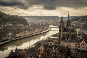 A breathtakingly wide perspective of the historic city of Charleroi in Belgium. Generative AI