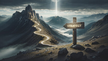 Strategic thinking: A sign with the word "Strategy" pointing towards a mountain. A winding road snakes up the side of the mountain. Business concepts.