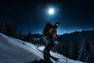 Midnight skiing in mountains under moon. Resort snowy range masculine fellow. Generate Ai