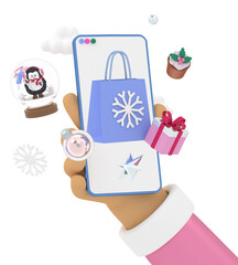 In the hands of a phone with purchases for Christmas through an online store with New Year's discounts. The concept of congratulations on Christmas or New Year. 3d render illustration design concept.