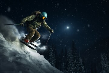 Midnight skiing in mountains. Sport male resort human vacation. Generate Ai