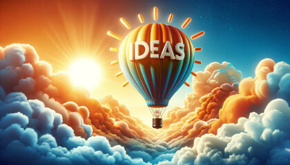 A hot air balloon in the shape of a light bulb with the word Ideas on it. Brainstorming and idea generation. Blue sky thinking. Vivid colours.