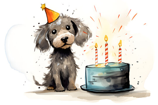 simple colourful ink illustration of cute dog with birthday cake and hat isolated on white background