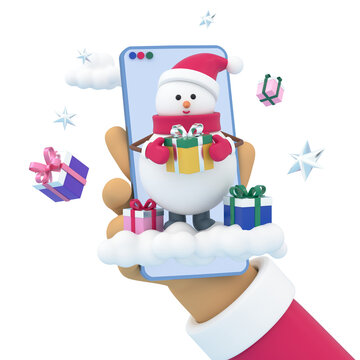 In the hands of a phone with a snowman with a gift received by a postcard via SMS gif sticker for the new year. The concept of congratulations on New Year. 3d render illustration design concept.