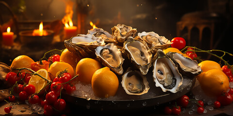 Platter of fresh oysters on a bed of ice on tray. Oysters with lemon and sauce. Food in a restaurant