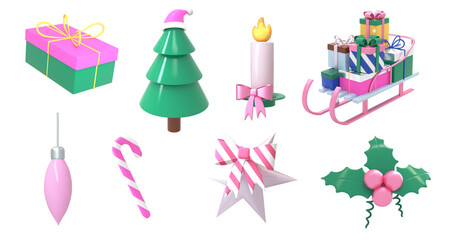 Set of Christmas icons with tree sleigh, candles, tree,  gift New Year holiday. The concept of the New Year is a warm, cozy holiday atmosphere. 3d render illustration design concept.