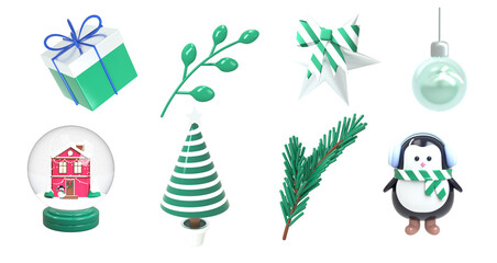 Fototapeta premium Set of Christmas icons of penguin, Christmas tree, house, gift New Year holiday. The concept of the New Year is a warm, cozy holiday atmosphere. 3d render illustration design concept.