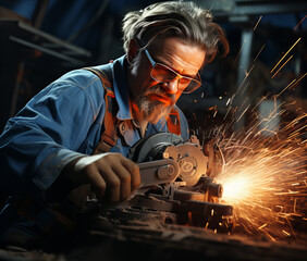 Amidst a symphony of light and sparks, a worker's passion illuminates the frame - obrazy, fototapety, plakaty