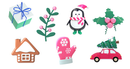 Set of Christmas icons of penguin, cookie, berry, Christmas tree, car, gift New Year holiday. The concept of the New Year is a warm, cozy holiday atmosphere. 3d render illustration design concept.
