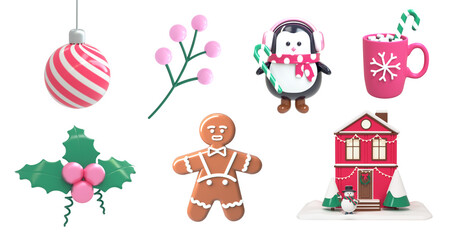 Set of Christmas icons: house, Christmas tree, penguin, gingerbread man, berry, gift. The concept of the New Year is a warm. 3d render illustration design concept