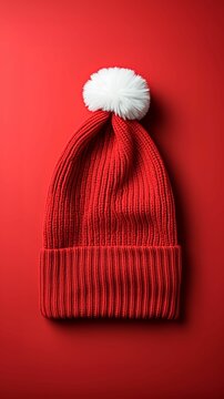 An AI illustration of a red knitted beanie with white pom on top
