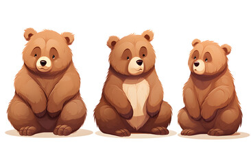 illustration of three cute cartoon bears sitting isolated on white background