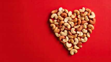 top view valentine cashew nuts heart shape on the red background