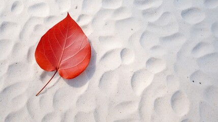 Fallen red leaf lays on white sand. Natural background