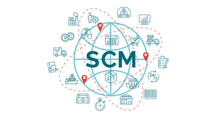 SCM banner. Marketing, plan, blue, scheme, goods, communication, transportation, advertising, market, enterprise, profit, word, map, success, truck, graphic, planning vector illustration.