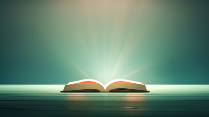 Open holy book Bible on a glowing green background.