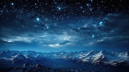 Night clear sky background with lots of stars over the snowy ground landscapes.