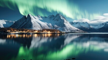 Aurora Borealis over settlements in Norway, northern lights in clear sky
