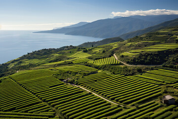 Fototapeta na wymiar a beautiful view of the ocean and mountains from a hill top with rows of green tea plants growing on it