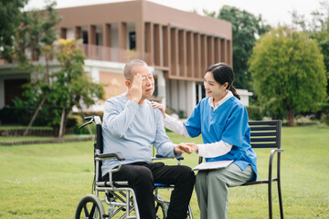 Asian careful caregiver or nurse and the happy patient in a wheelchair are walking in the garden. to help and encourage and rest your mind with green nature. Use a stethoscope to listen