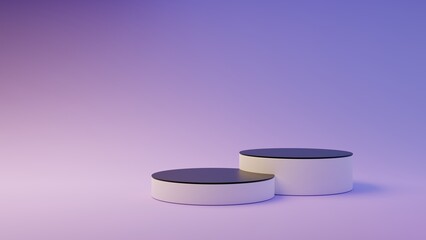 White empty podium or pedestal for product presentation on two floors. Mockup platform on purple background. 3d rendering