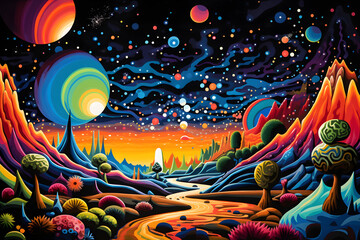 colourful painting of the alien landscape in cartoon style
