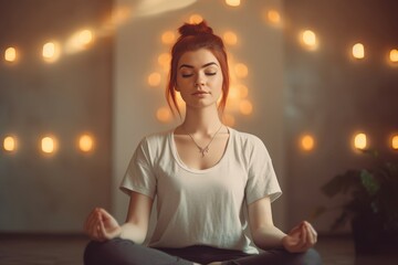 Woman in meditation pose at home. Lady practicing yoga breathing relaxation exercise. Generate ai - obrazy, fototapety, plakaty